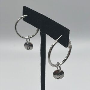 Choice of Silver-tone 1-in Hoops with Dangling Initial Charm (A-Z)